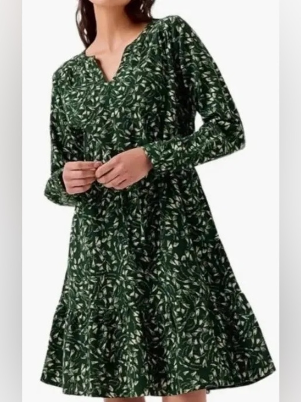 Pact Forest Green Print Tiered Long-Sleeve Dress
